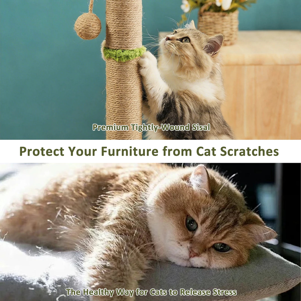 🐱 Arbre à chat griffoir avec feuilles réalistes – Jouets interactifs & corde en sisal