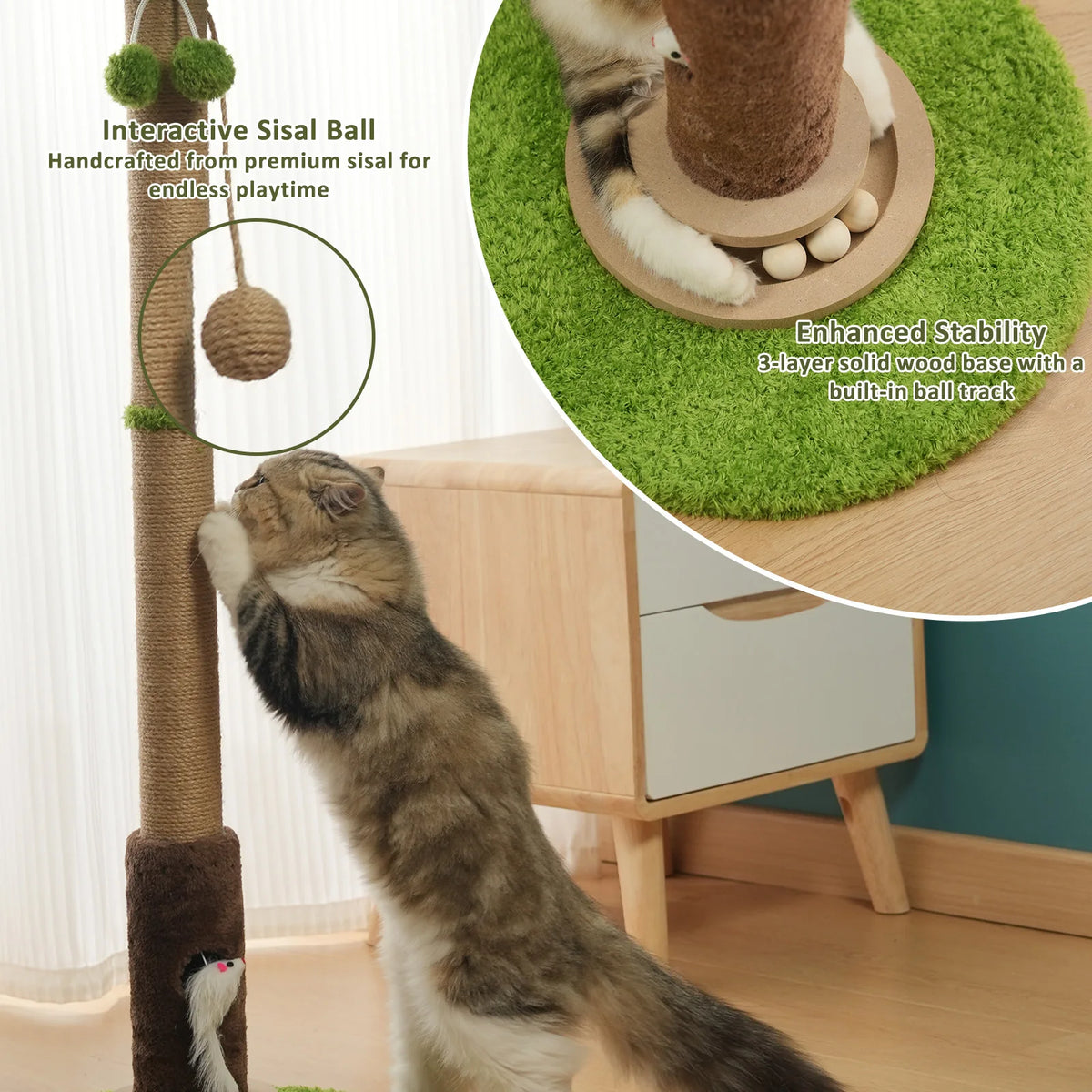 🐱 Arbre à chat griffoir avec feuilles réalistes – Jouets interactifs & corde en sisal