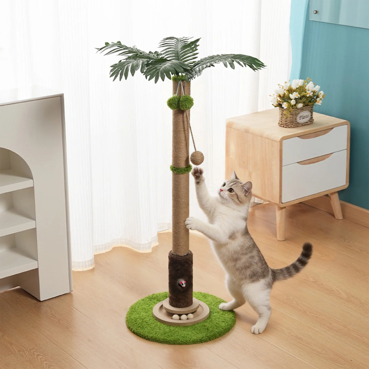 🐱 Arbre à chat griffoir avec feuilles réalistes – Jouets interactifs &amp; corde en sisal