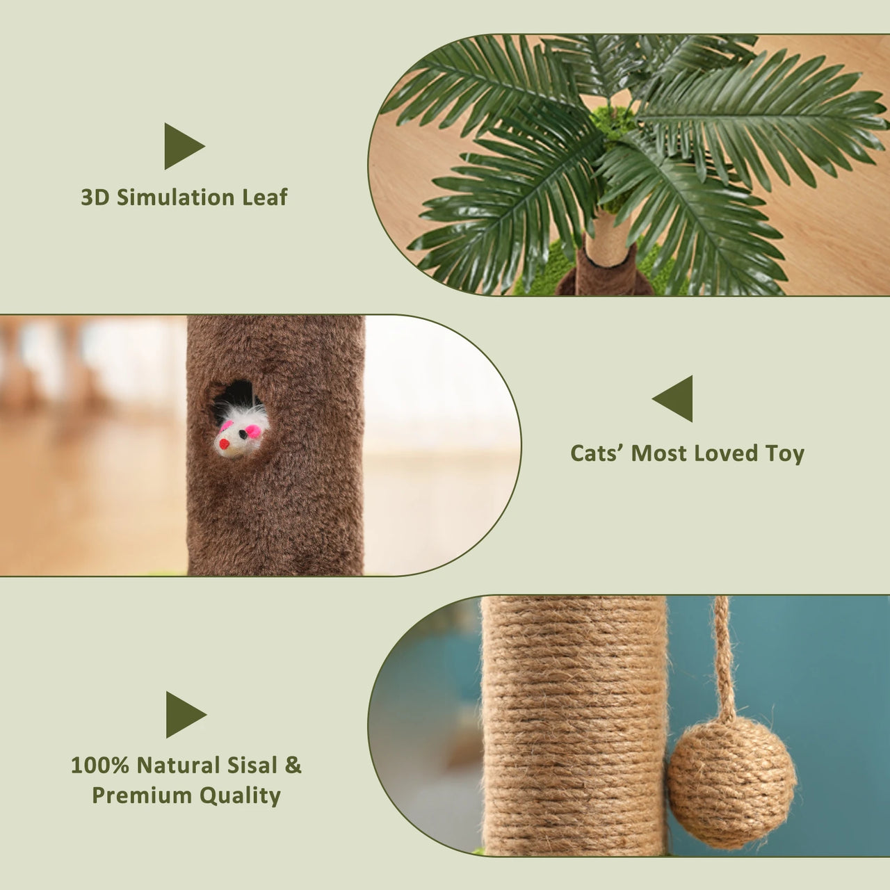 🐱 Arbre à chat griffoir avec feuilles réalistes – Jouets interactifs & corde en sisal